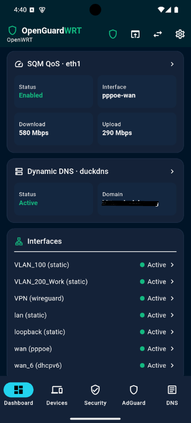 Dashboard — SQM, DDNS e interfaces